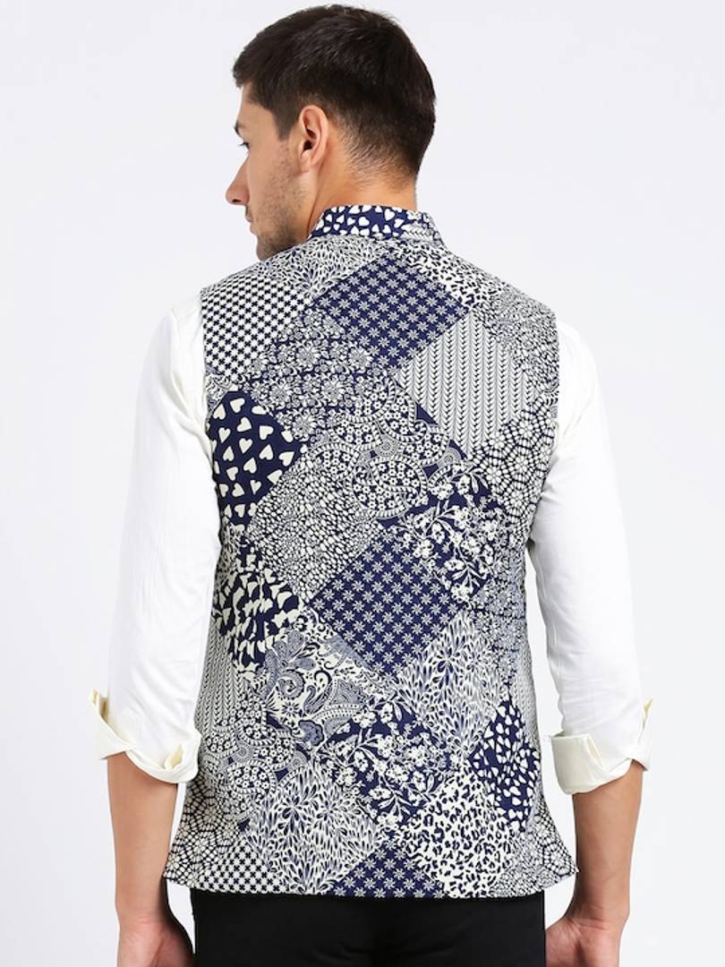 Men's Blue 
Cotton Blend
 Printed Nehru Jackets