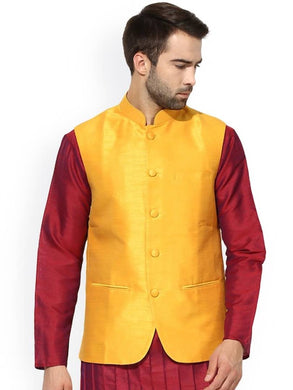 Men's Yellow 
Silk Blend
 Solid
 Nehru Jackets