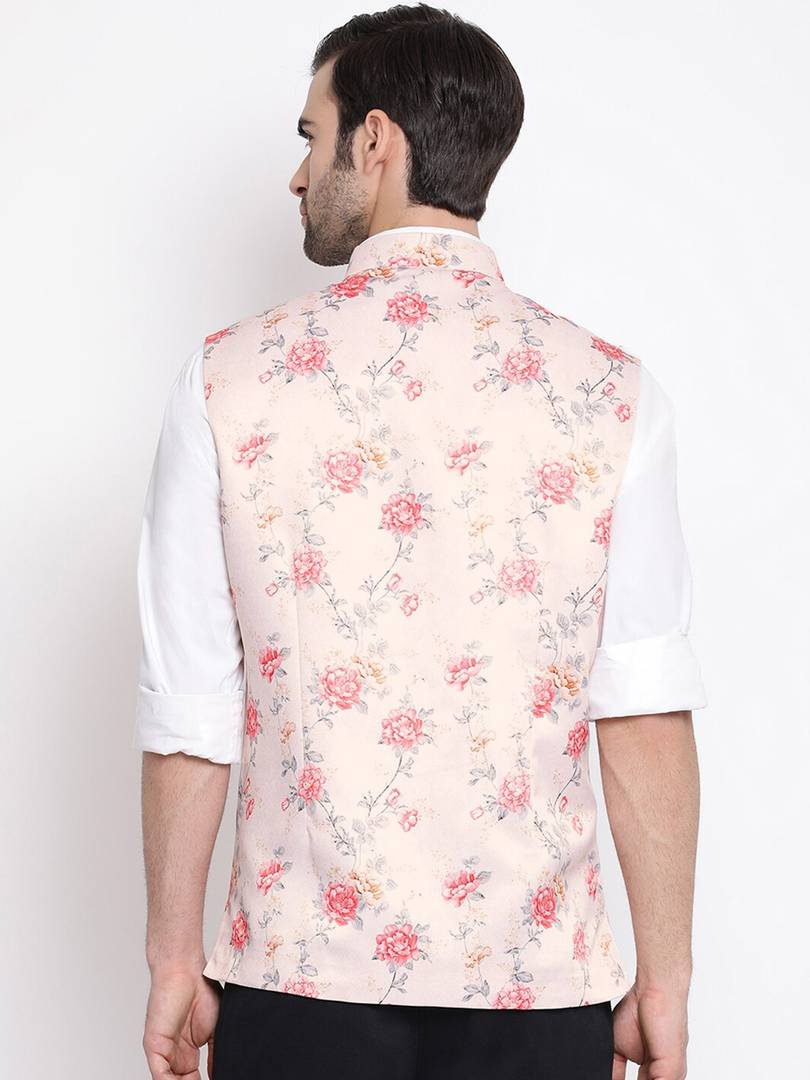 Men's Peach 
Silk Blend
 Printed Nehru Jackets