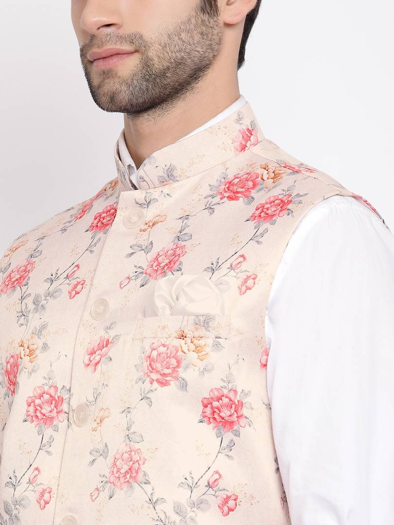 Men's Peach 
Silk Blend
 Printed Nehru Jackets