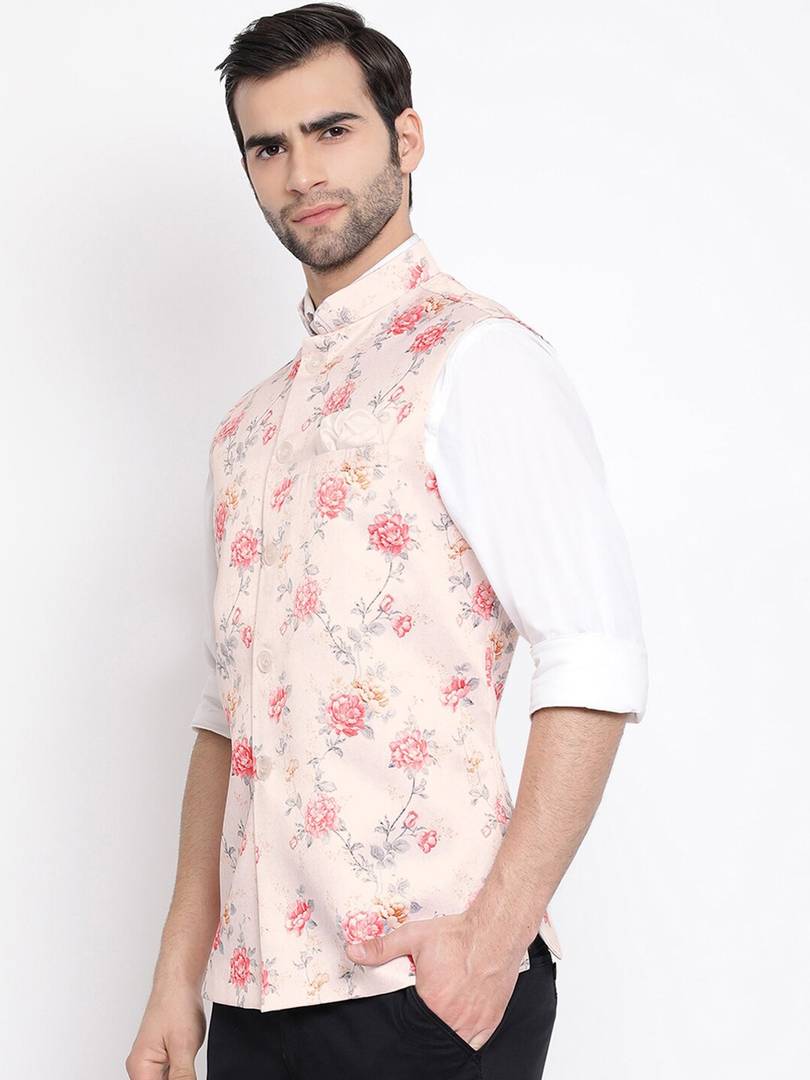 Men's Peach 
Silk Blend
 Printed Nehru Jackets