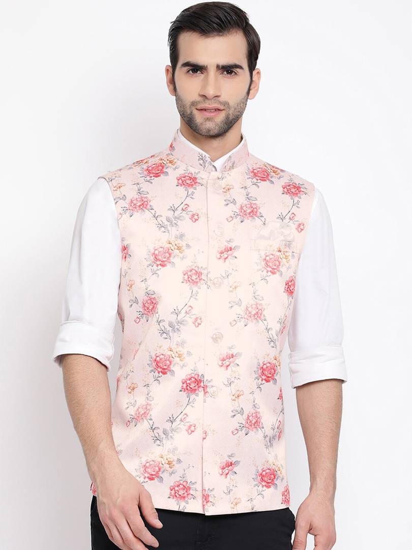 Men's Peach 
Silk Blend
 Printed Nehru Jackets