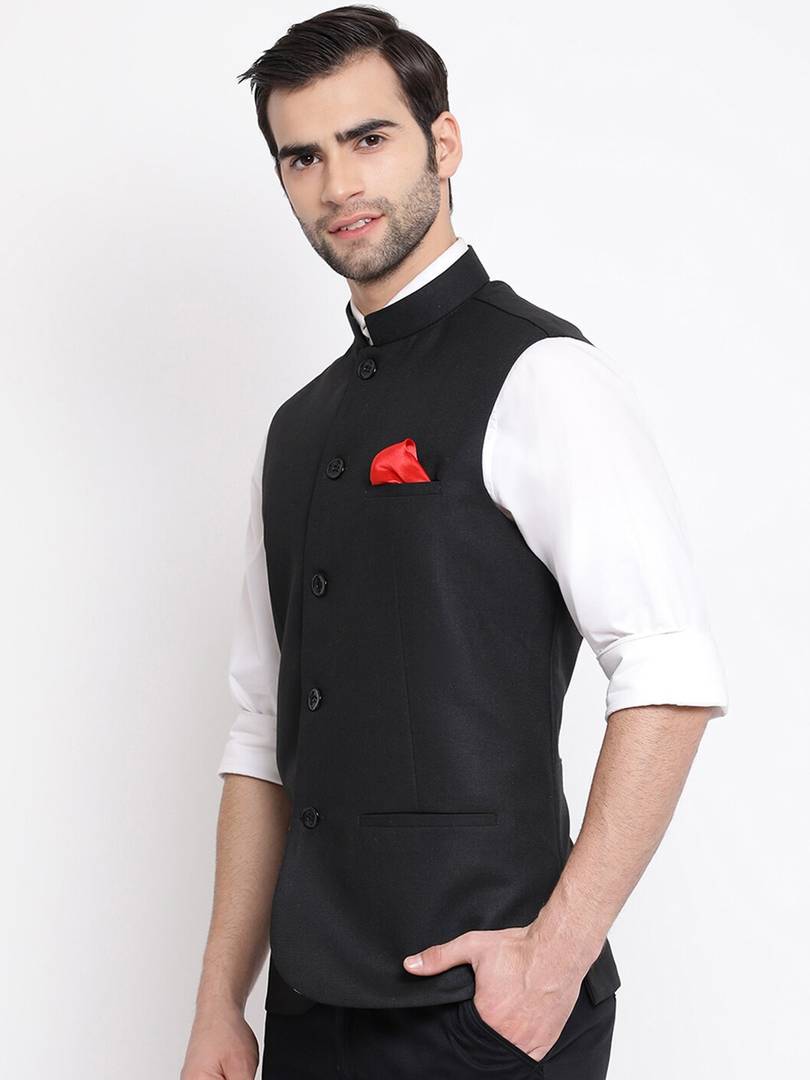 Men's Black 
Cotton Blend
 Solid
 Nehru Jackets