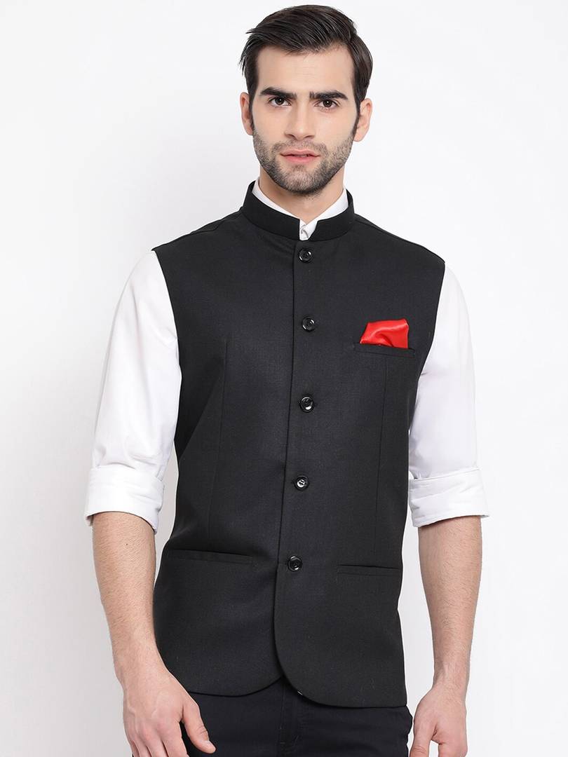 Men's Black 
Cotton Blend
 Solid
 Nehru Jackets