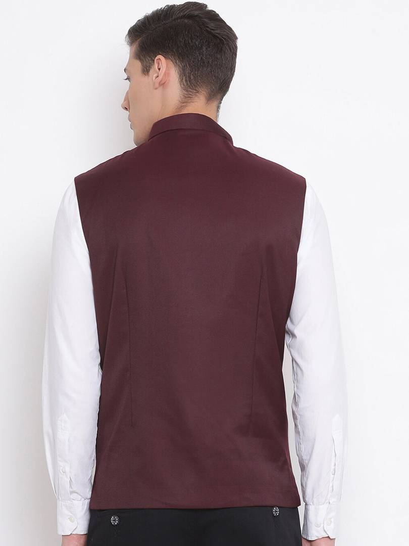 Men's Maroon 
Cotton Blend
 Solid
 Nehru Jackets