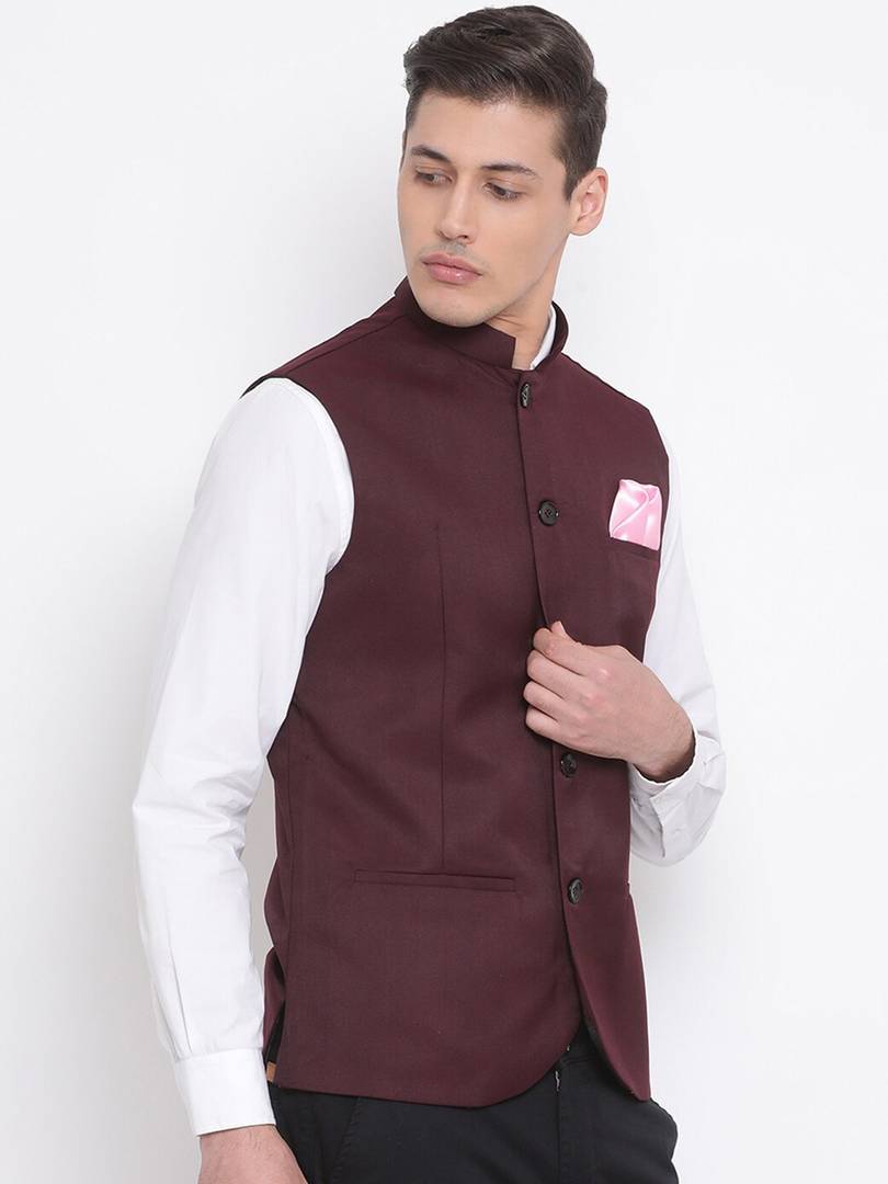 Men's Maroon 
Cotton Blend
 Solid
 Nehru Jackets