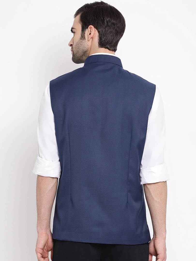 Men's Navy Blue 
Cotton Blend
 Solid
 Nehru Jackets