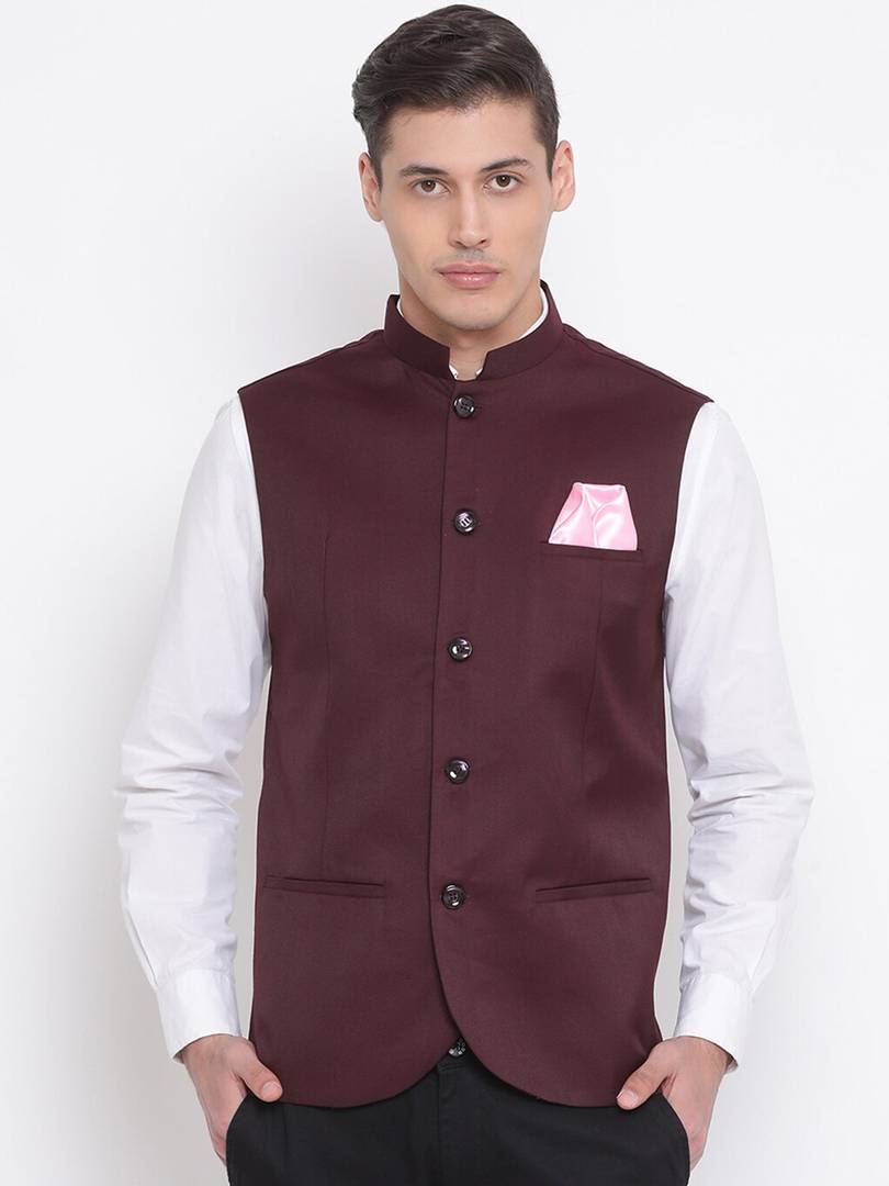 Men's Maroon 
Cotton Blend
 Solid
 Nehru Jackets