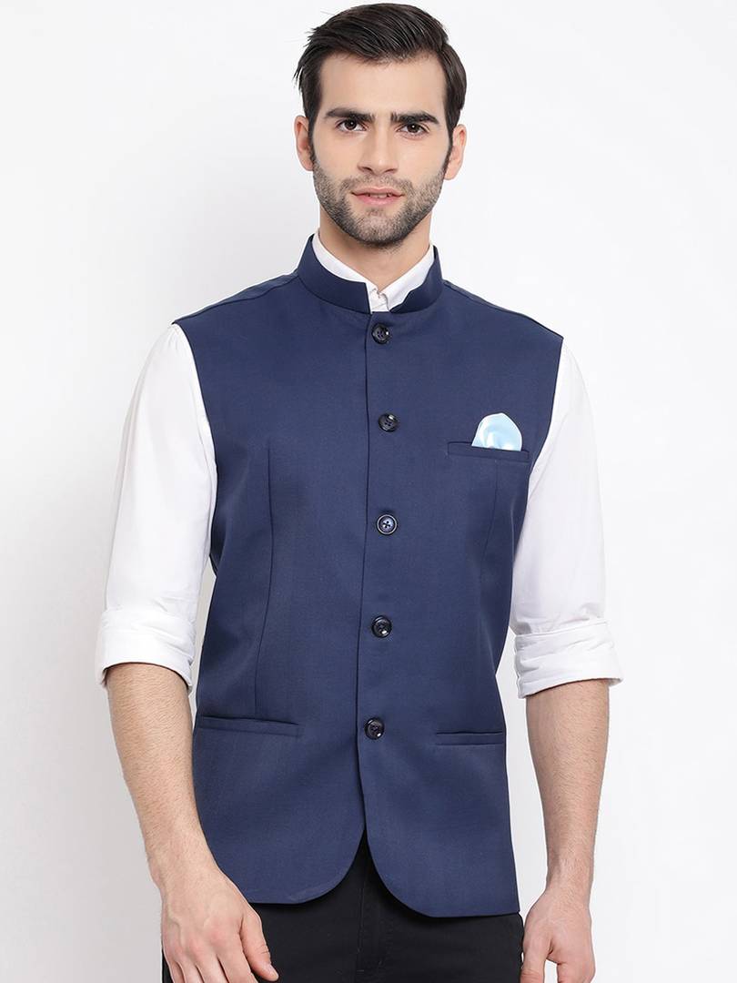 Men's Navy Blue 
Cotton Blend
 Solid
 Nehru Jackets