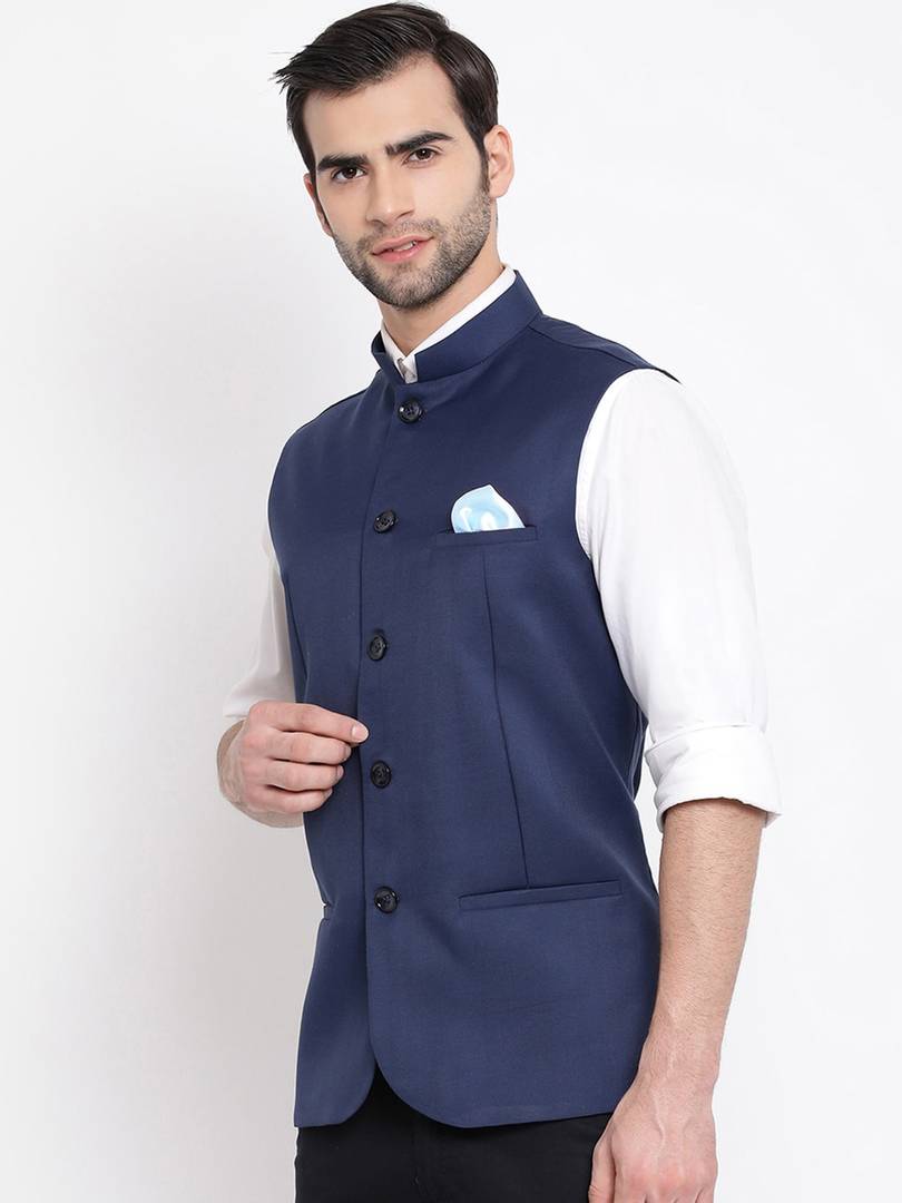 Men's Navy Blue 
Cotton Blend
 Solid
 Nehru Jackets