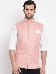Men's Peach 
Cotton Blend
 Woven Design Nehru Jackets