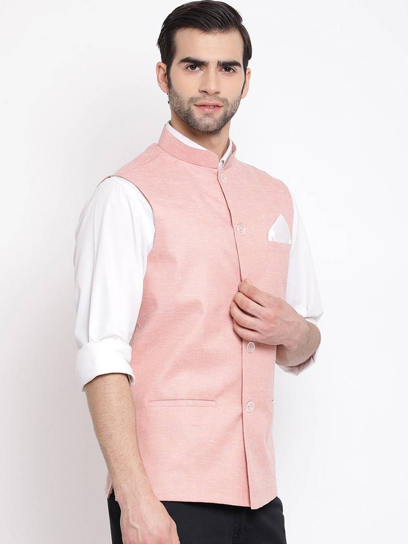 Men's Peach 
Cotton Blend
 Woven Design Nehru Jackets