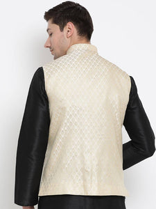 Men's Off White 
Cotton Blend
 Woven Design Nehru Jackets
