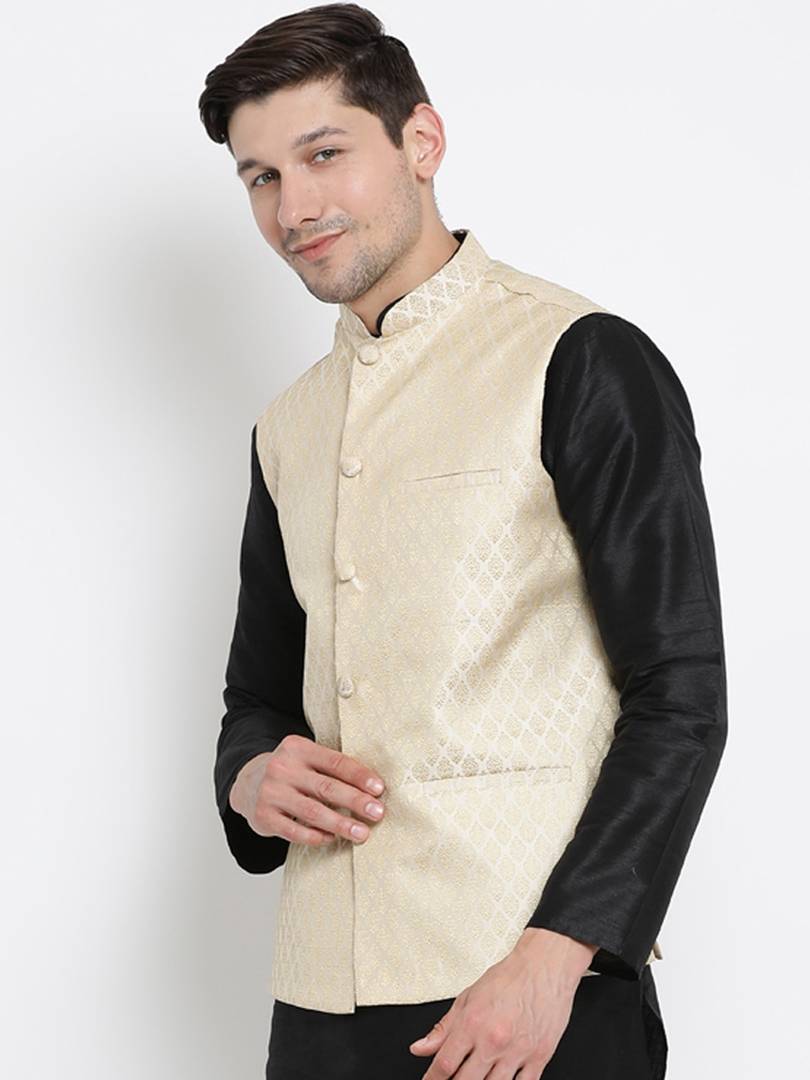 Men's Off White 
Cotton Blend
 Woven Design Nehru Jackets