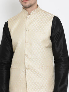 Men's Off White 
Cotton Blend
 Woven Design Nehru Jackets