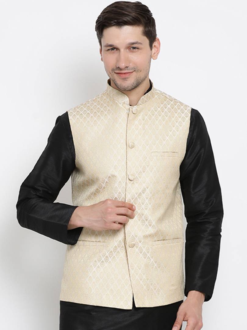 Men's Off White 
Cotton Blend
 Woven Design Nehru Jackets