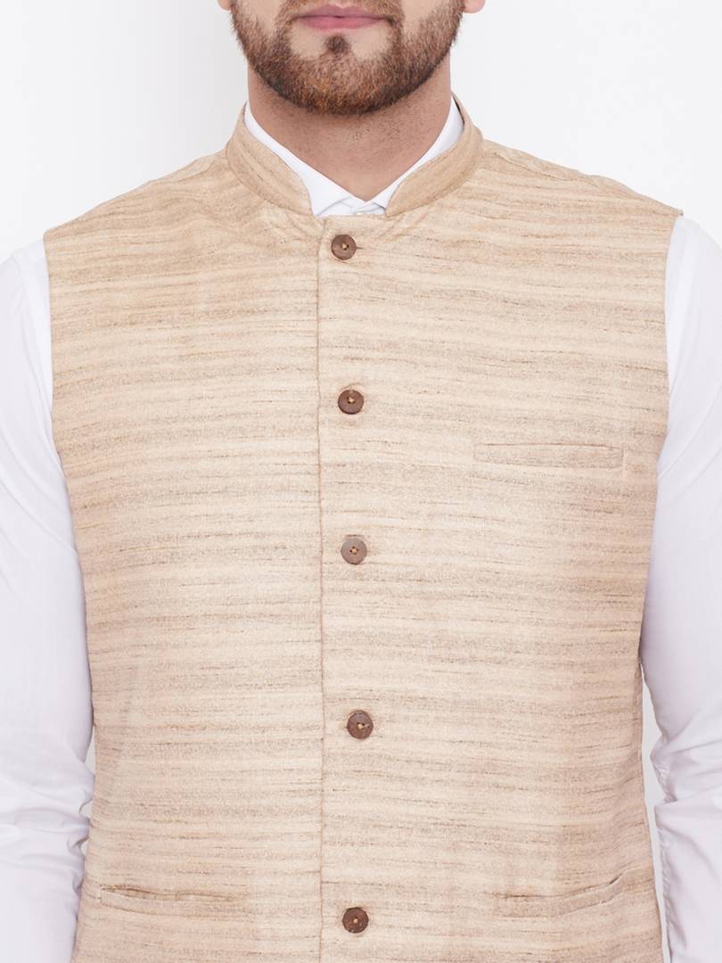 Men's Beige 
Silk Blend
 Woven Design Nehru Jackets