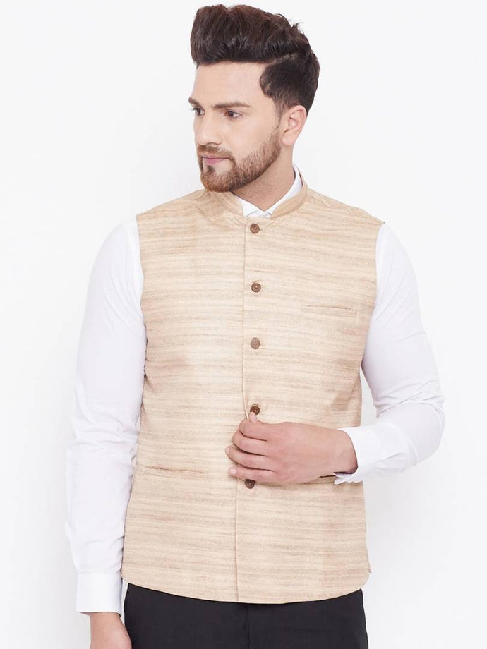Men's Beige 
Silk Blend
 Woven Design Nehru Jackets