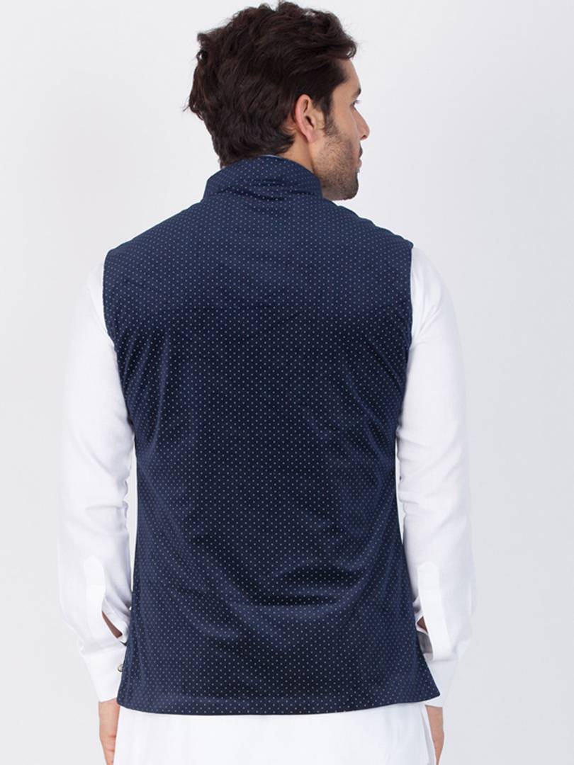 Men's Navy Blue 
Cotton Blend
 Printed Nehru Jackets