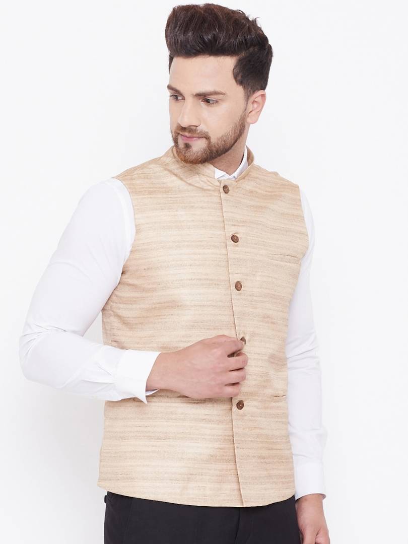 Men's Beige 
Silk Blend
 Woven Design Nehru Jackets