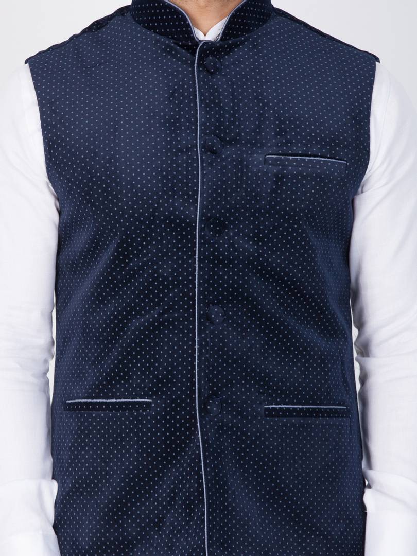 Men's Navy Blue 
Cotton Blend
 Printed Nehru Jackets