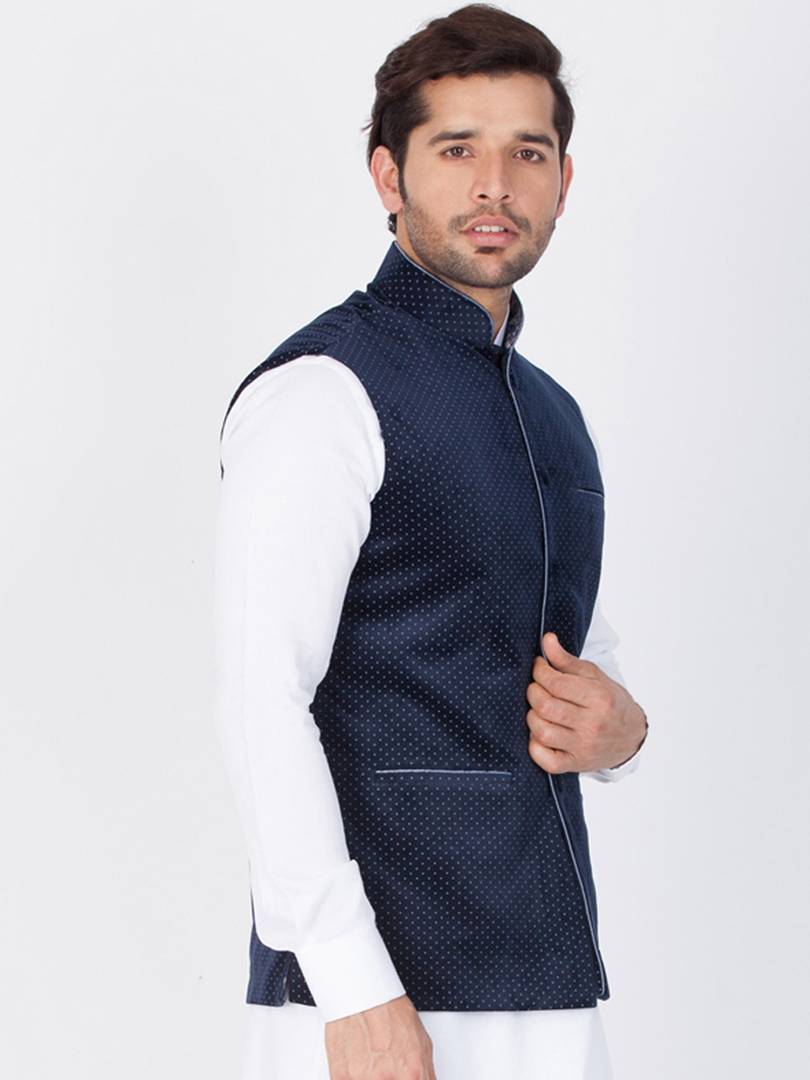 Men's Navy Blue 
Cotton Blend
 Printed Nehru Jackets