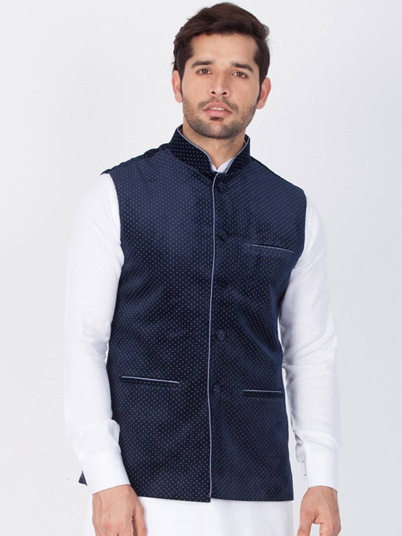 Men's Navy Blue 
Cotton Blend
 Printed Nehru Jackets