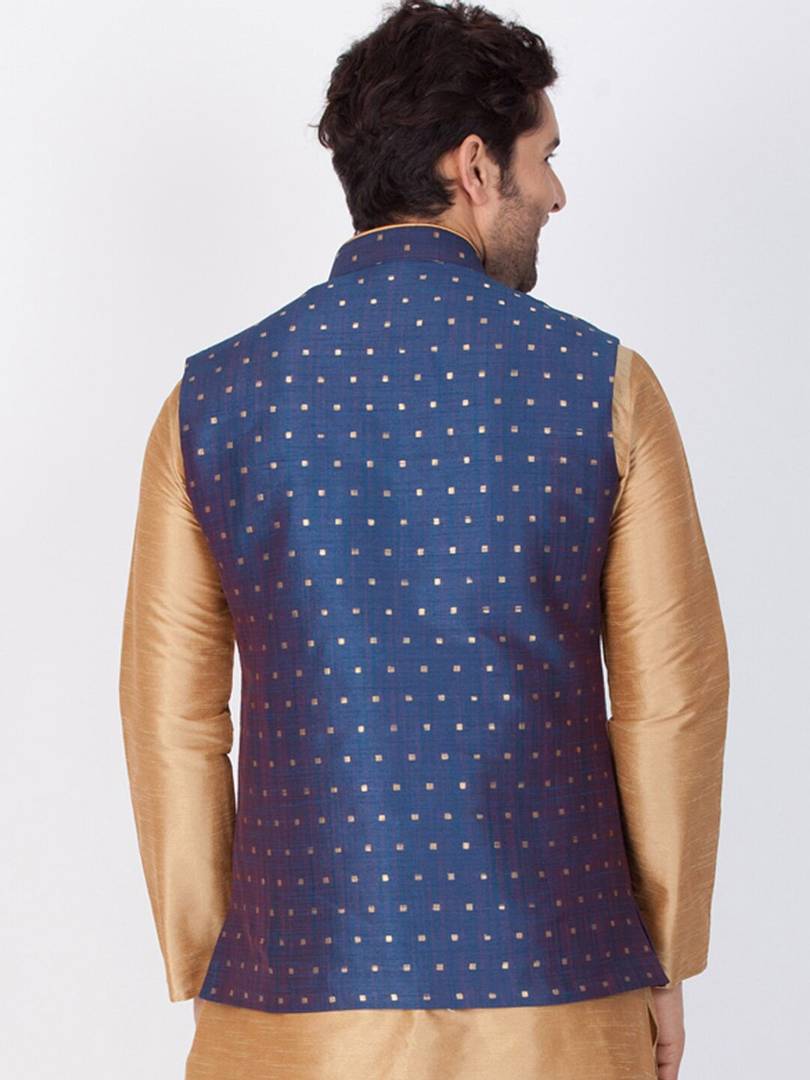 Men's Blue 
Silk Blend
 Printed Nehru Jackets