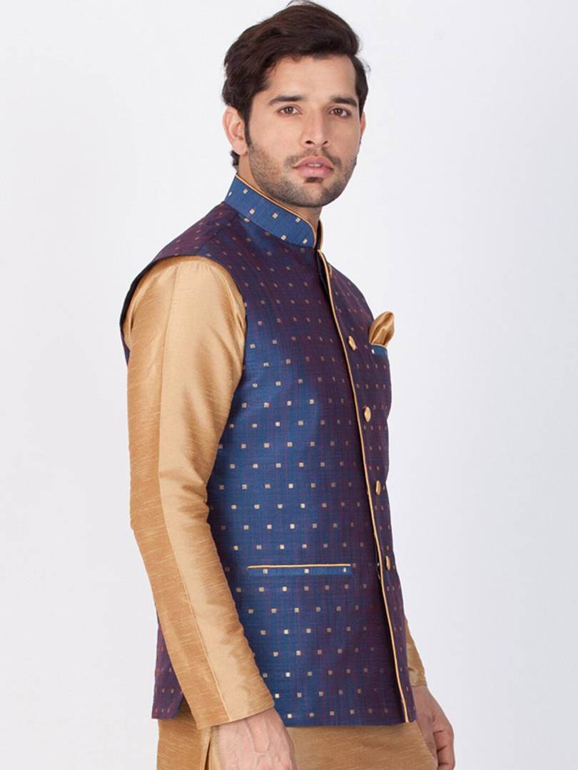 Men's Blue 
Silk Blend
 Printed Nehru Jackets