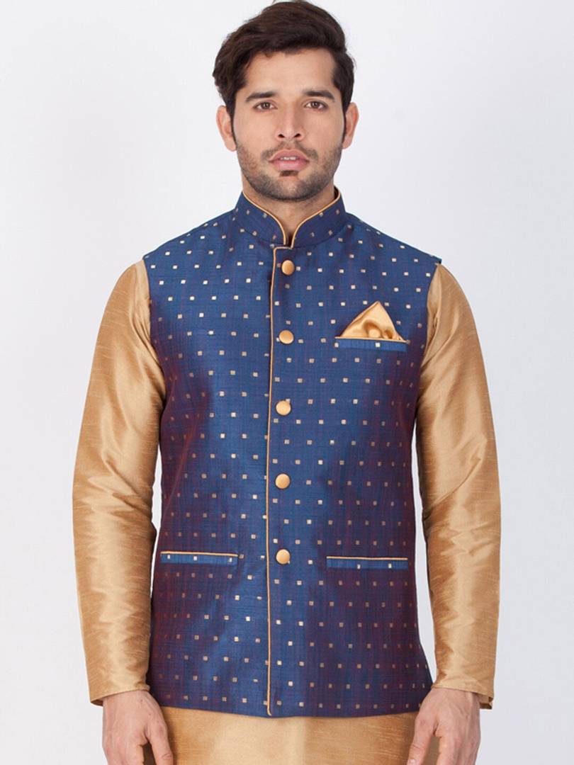 Men's Blue 
Silk Blend
 Printed Nehru Jackets