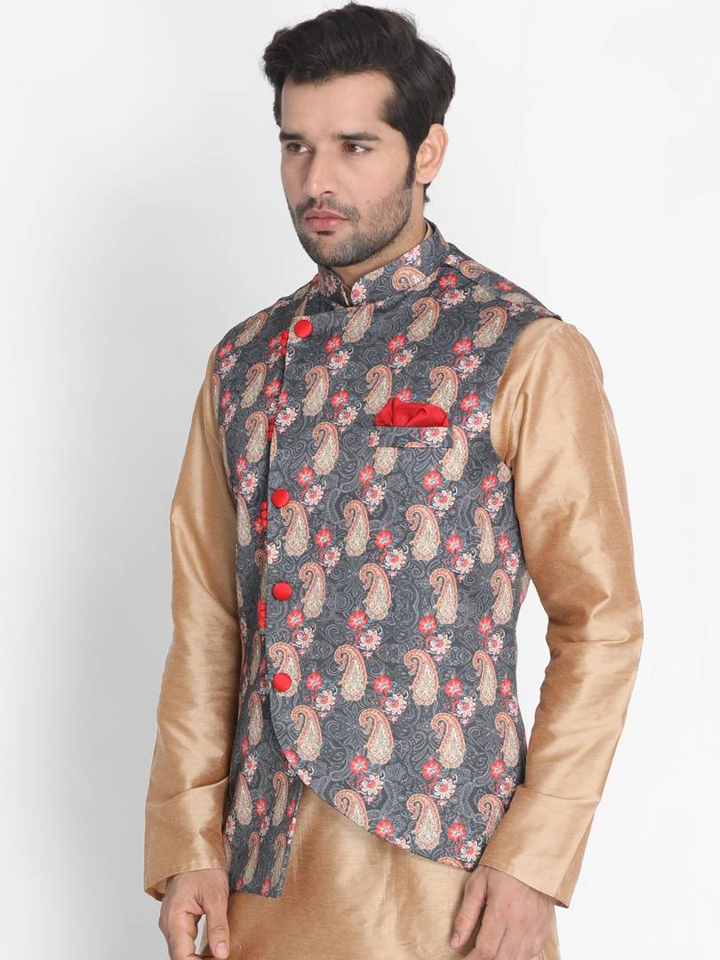 Men's Grey 
Silk Blend
 Printed Nehru Jackets