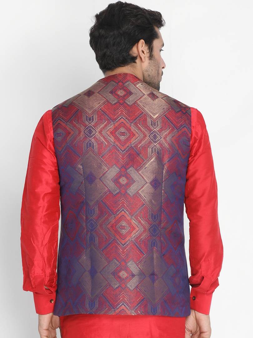 Men's Red 
Silk Blend
 Printed Nehru Jackets