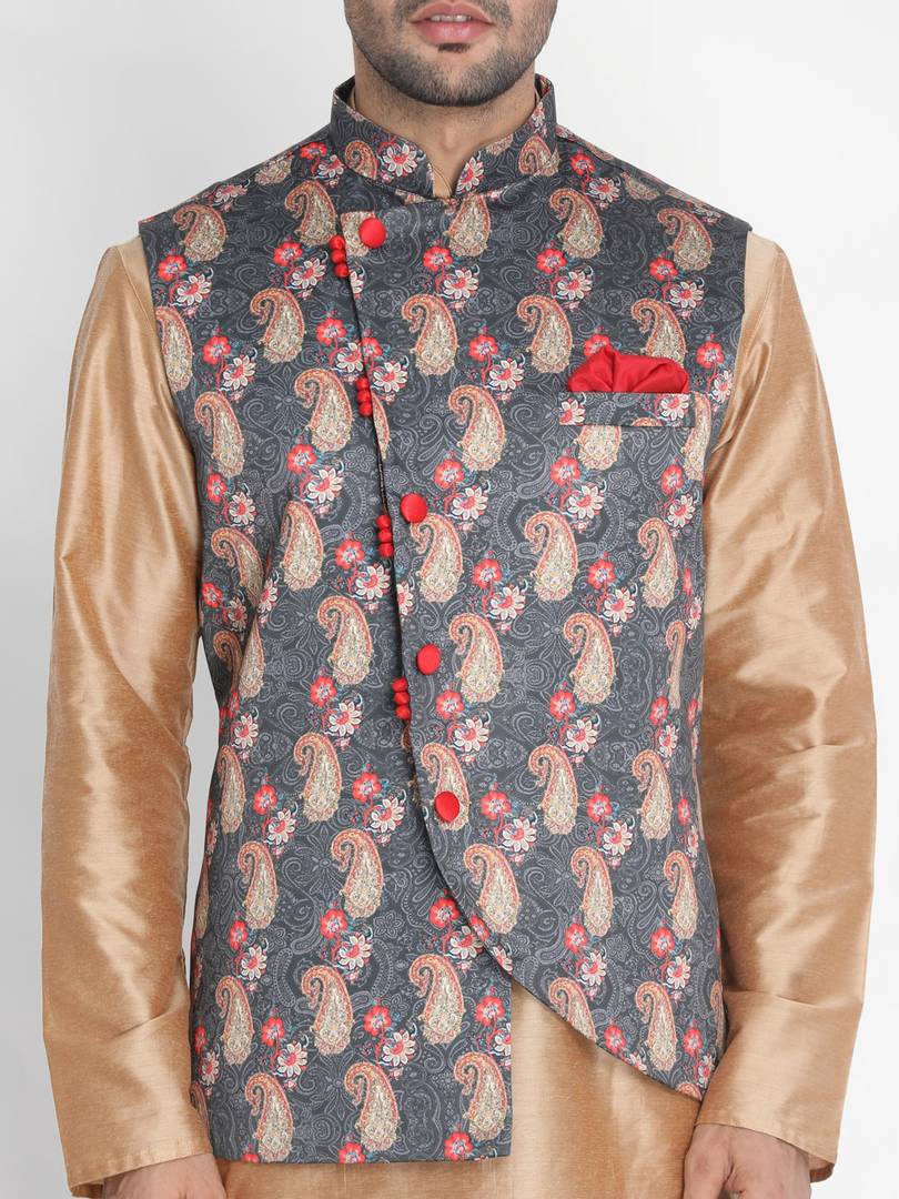 Men's Grey 
Silk Blend
 Printed Nehru Jackets