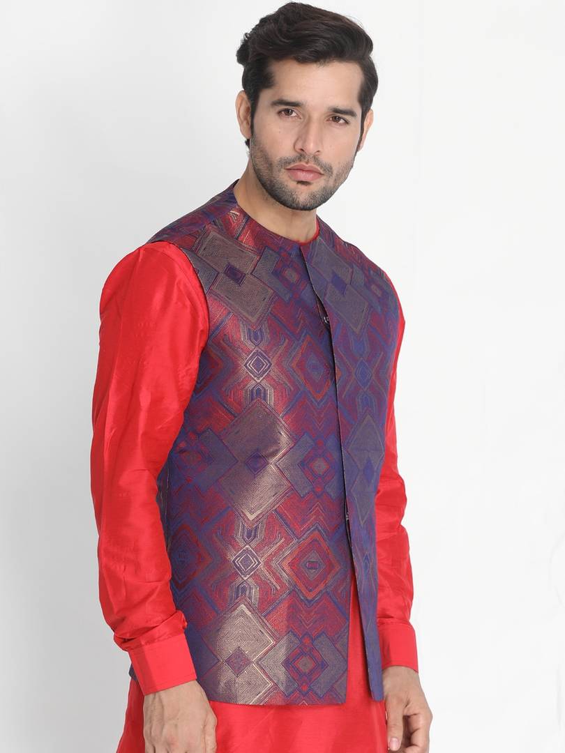 Men's Red 
Silk Blend
 Printed Nehru Jackets