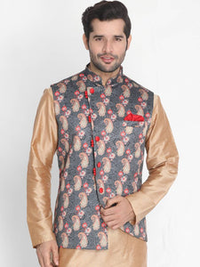Men's Grey 
Silk Blend
 Printed Nehru Jackets
