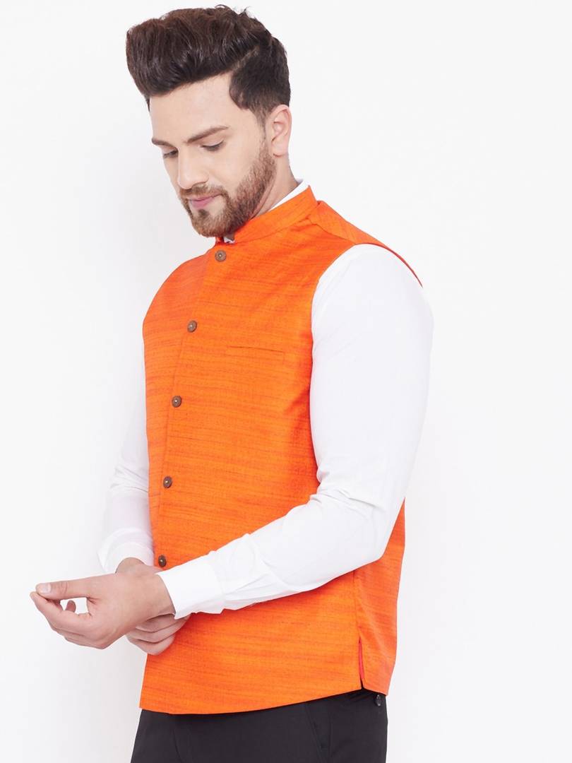 Men's Orange 
Silk Blend
 Woven Design Nehru Jackets