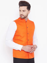 Load image into Gallery viewer, Men&#39;s Orange 
Silk Blend
 Woven Design Nehru Jackets