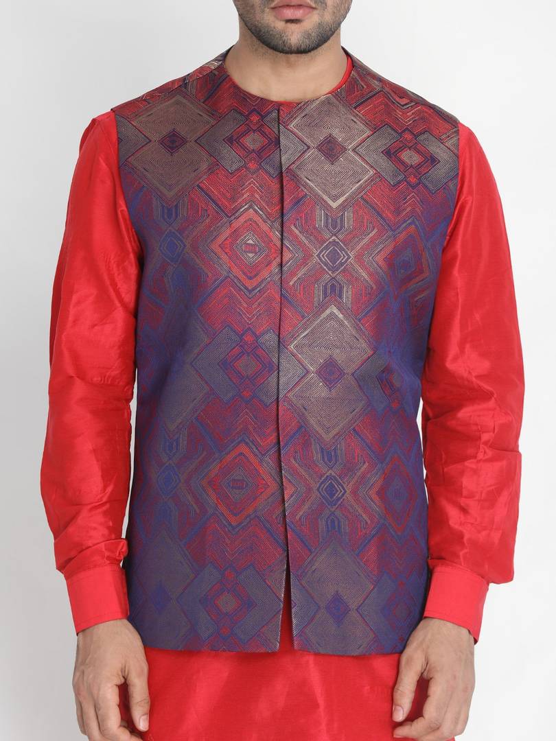 Men's Red 
Silk Blend
 Printed Nehru Jackets