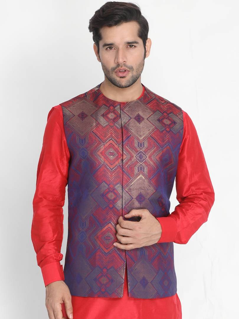 Men's Red 
Silk Blend
 Printed Nehru Jackets