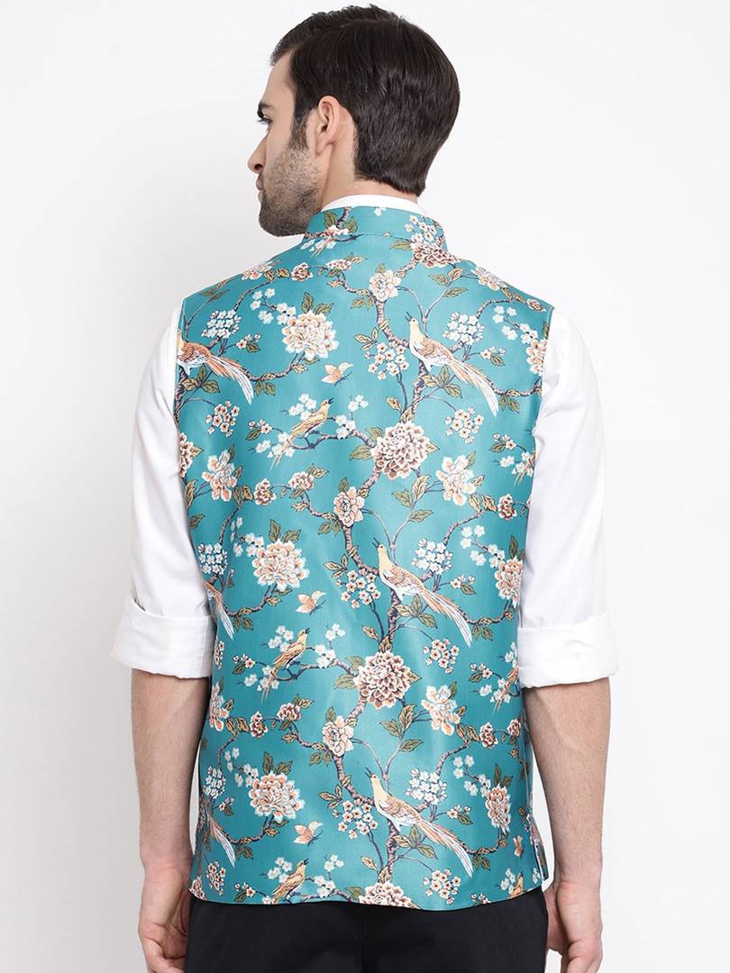 Men's Turquoise 
Silk Blend
 Printed Nehru Jackets