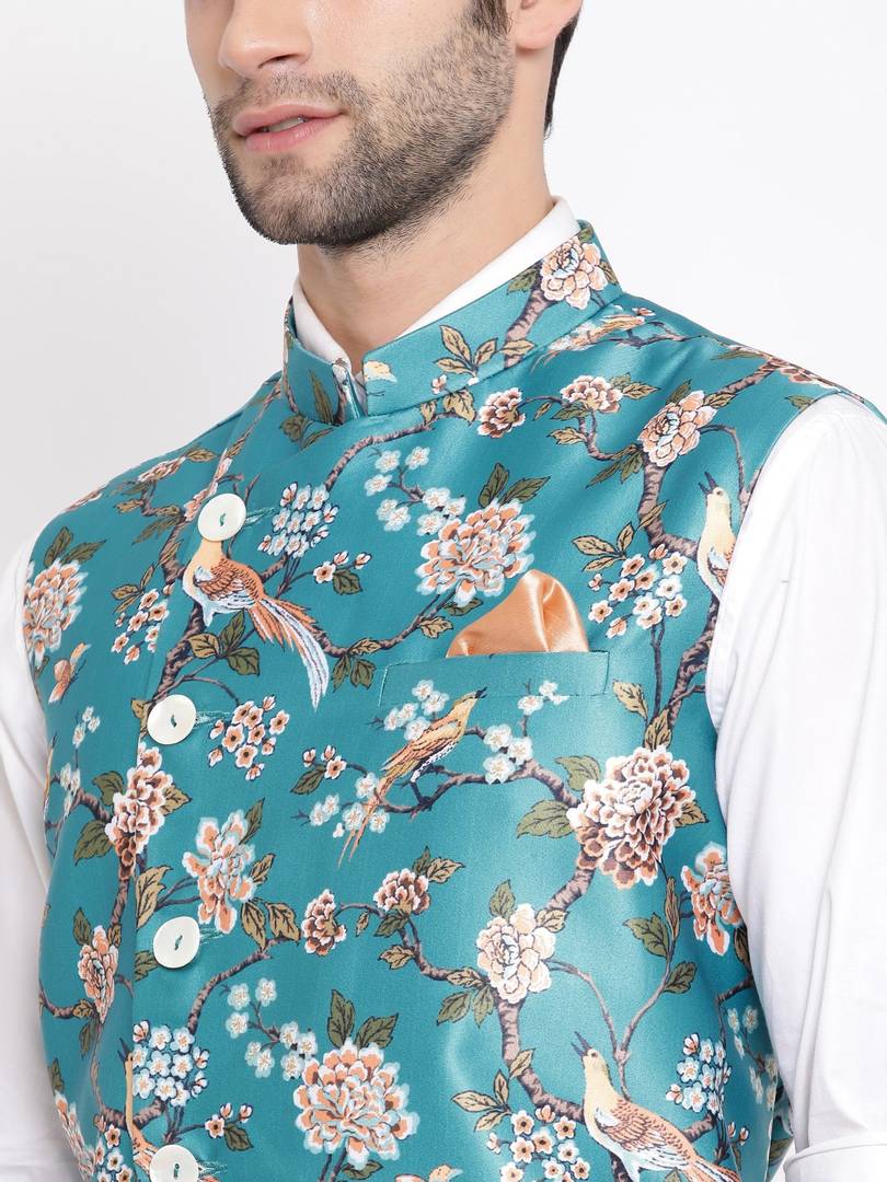 Men's Turquoise 
Silk Blend
 Printed Nehru Jackets