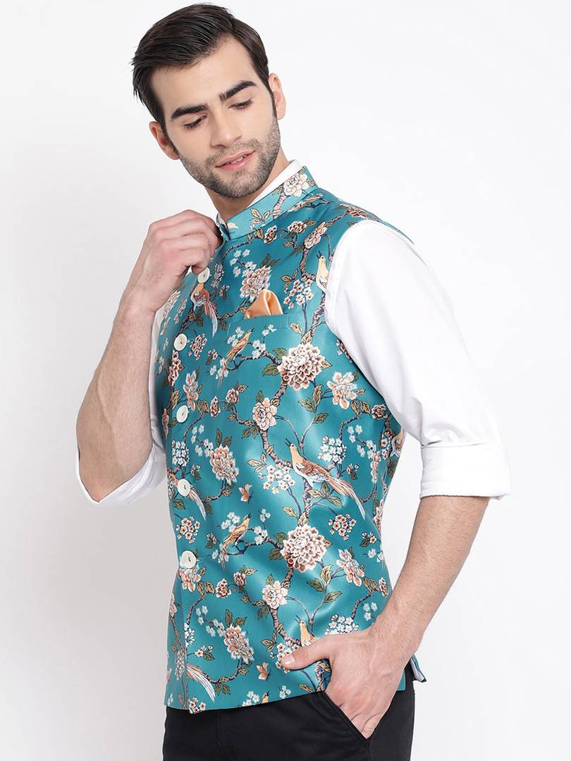 Men's Turquoise 
Silk Blend
 Printed Nehru Jackets