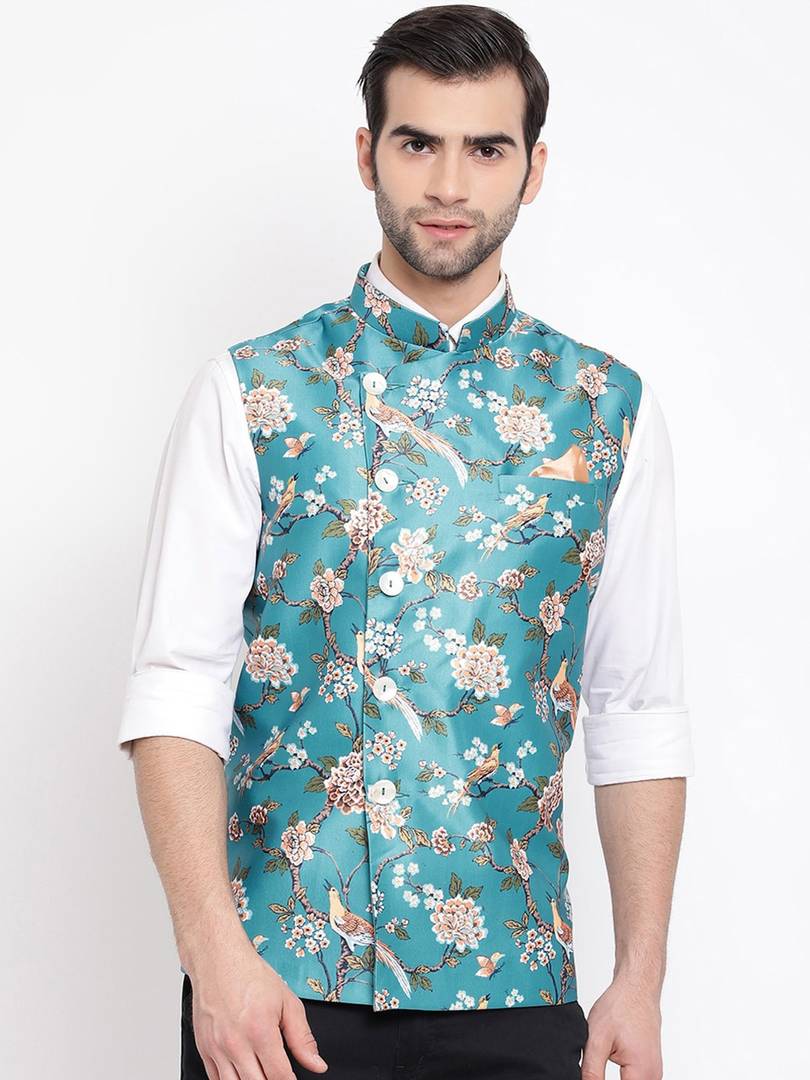 Men's Turquoise 
Silk Blend
 Printed Nehru Jackets