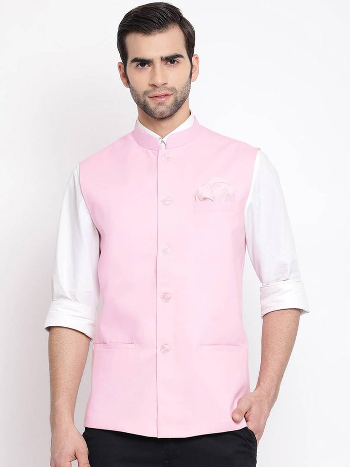 Men's Pink 
Cotton Blend
 Solid
 Nehru Jackets