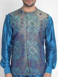Men's Turquoise 
Silk Blend
 Printed Nehru Jackets
