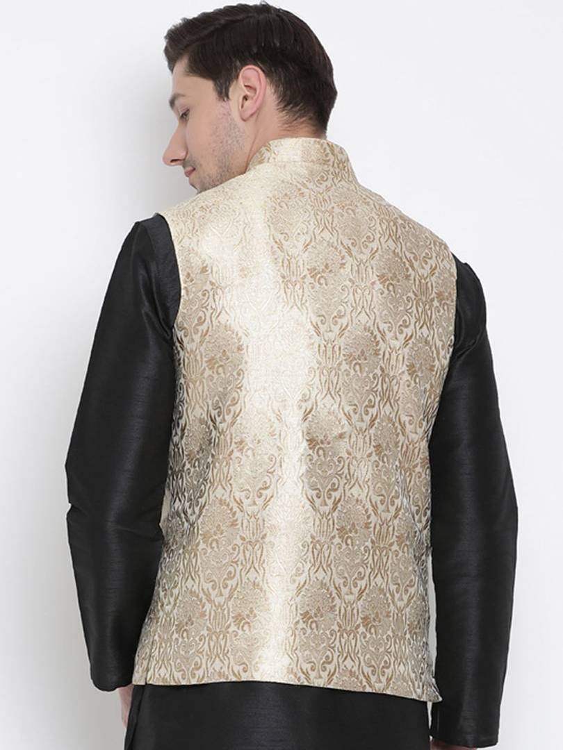 Men's Golden 
Silk Blend
 Woven Design Nehru Jackets