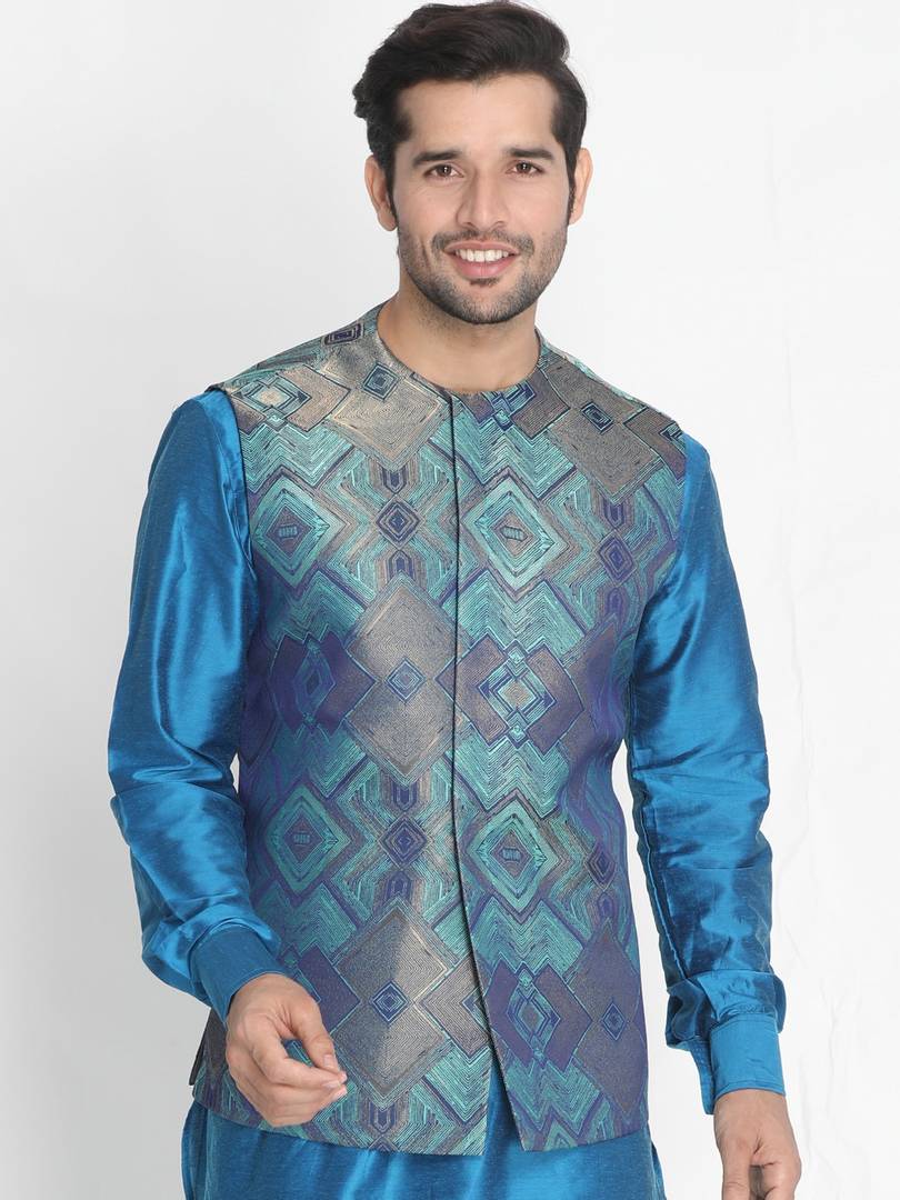 Men's Turquoise 
Silk Blend
 Printed Nehru Jackets