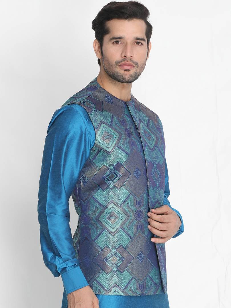 Men's Turquoise 
Silk Blend
 Printed Nehru Jackets