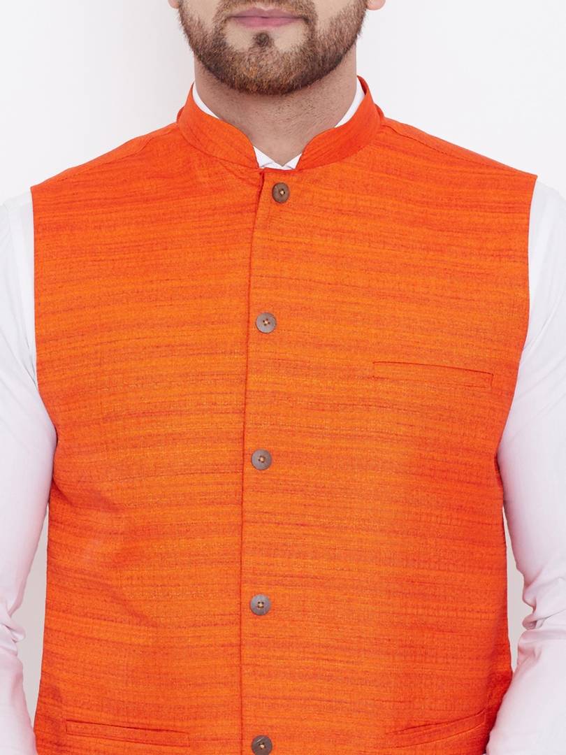 Men's Orange 
Silk Blend
 Woven Design Nehru Jackets