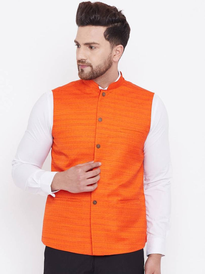 Men's Orange 
Silk Blend
 Woven Design Nehru Jackets